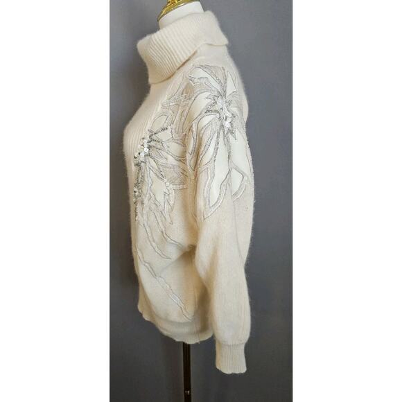 Vintage Anna Laurence Embellished Angora Sequin Sweater Cream Turtleneck Holida - Picture 3 of 10